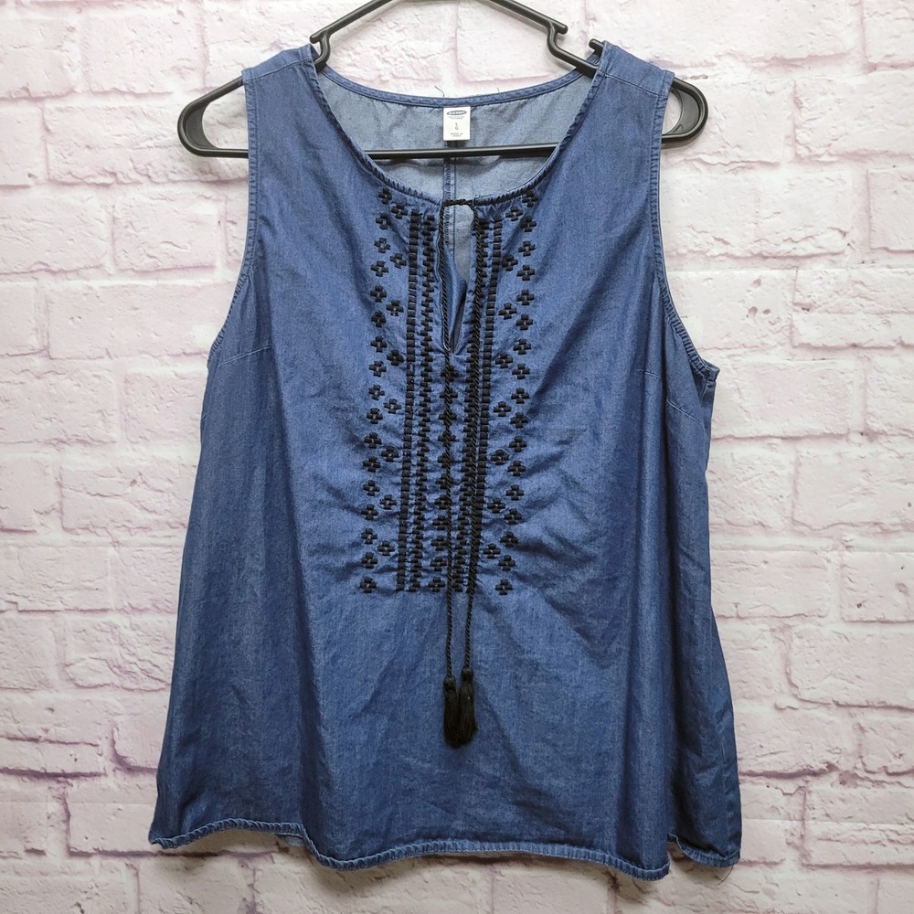 Old Navy Denim Embroidered Chambray Sleeveless Top Womens L Boho Country Cottage